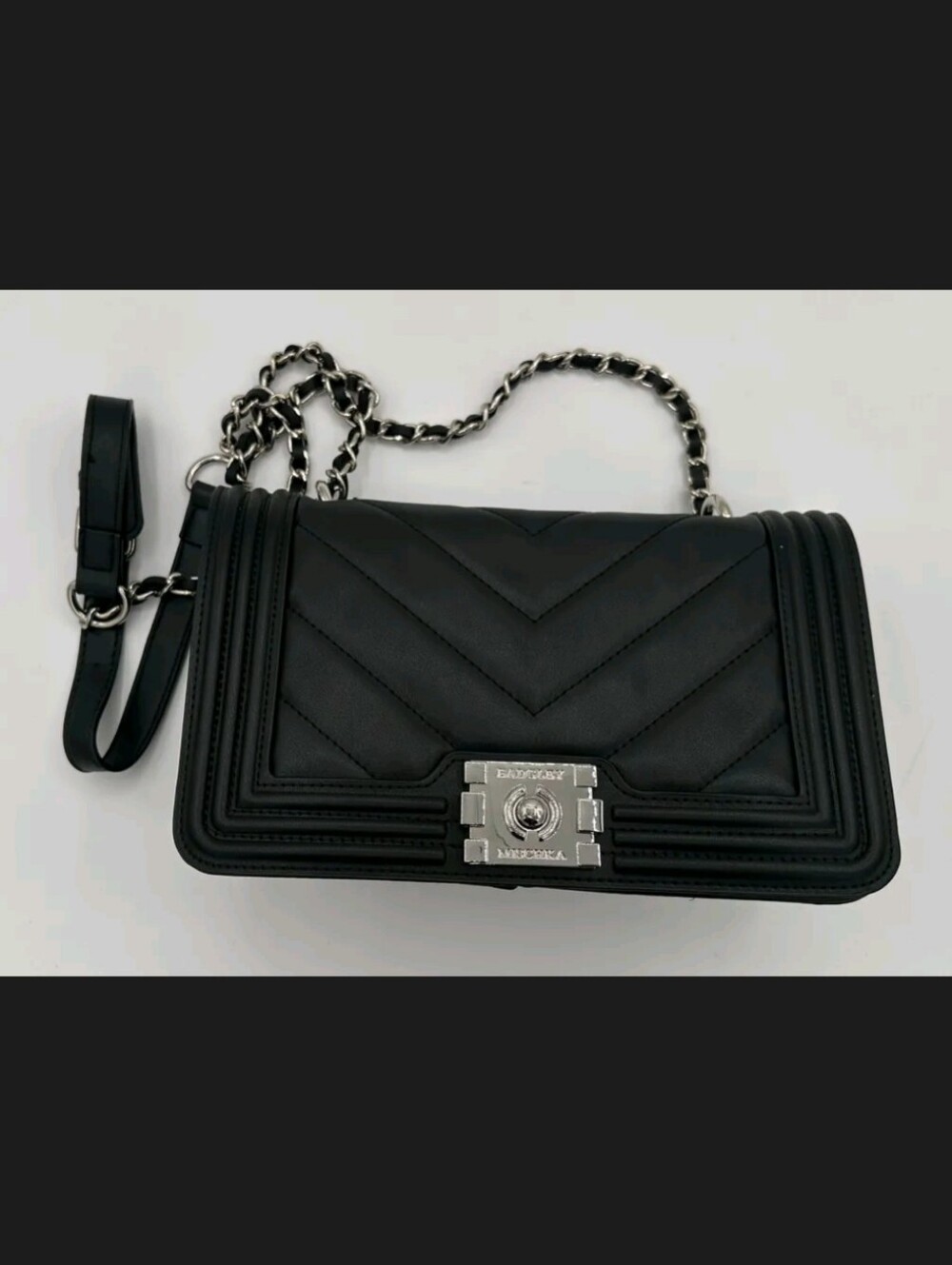 Bagley Mischka Black Quilted Crossbody Bag with Silver Chain Strap.  NWT